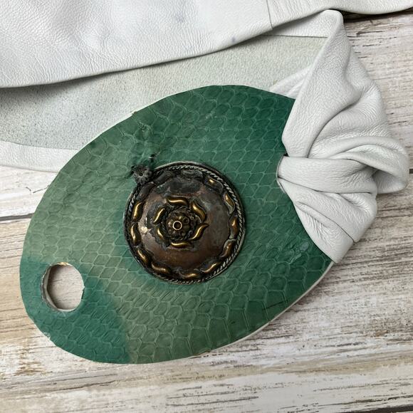 Handmade Leather Belt OOAK Tie Wrap 39” White Green Reptile Earthy Boho Western - Picture 10 of 12